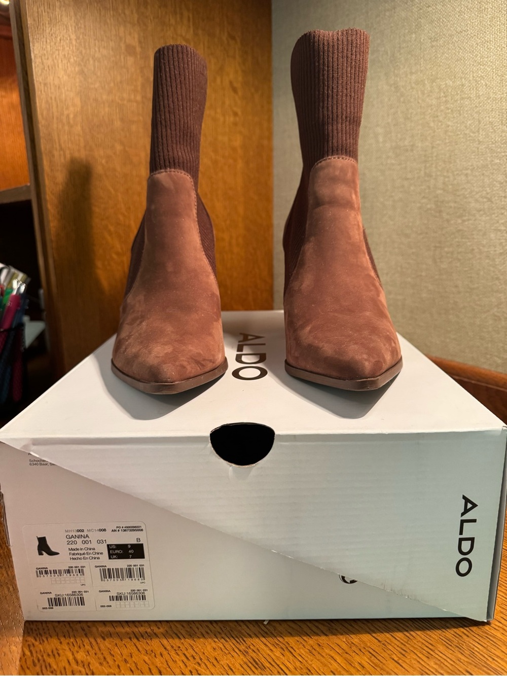 Aldo Rust Suede Pointed-Toe Block Heel Sock Booties - Picture 2 of 3